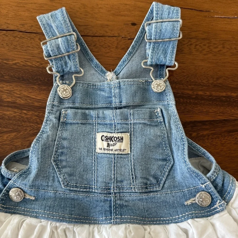 OshKosh B'gosh Blue Denim and White Eyelet Overalls Size 12M
